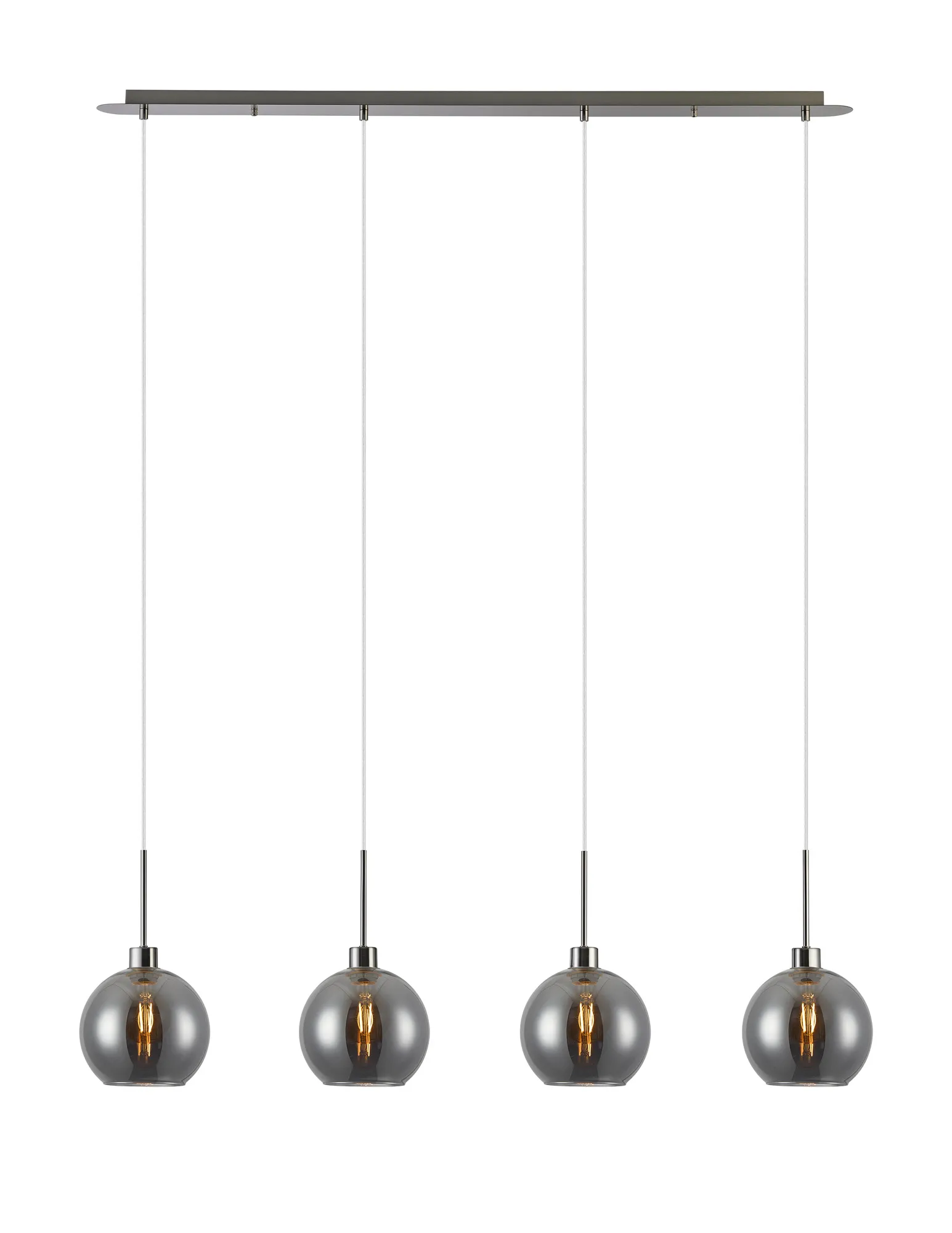 DK1408  Lori Linear Pendant, 4 Light Adjustable E27, Satin Nickel/Smoke Open Mouth Round Globe Shades